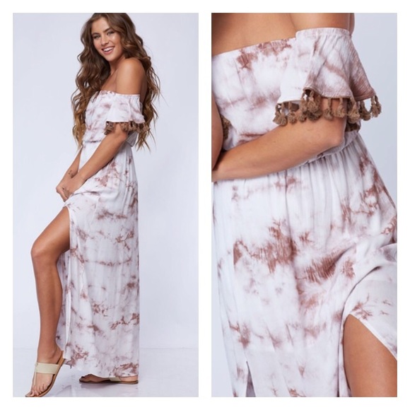 Mocha Marbled Off Shoulder Dress - Picture 2 of 2